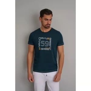Navy & Green Μπλούζα Λαιμόκοψη με Τύπωμα
