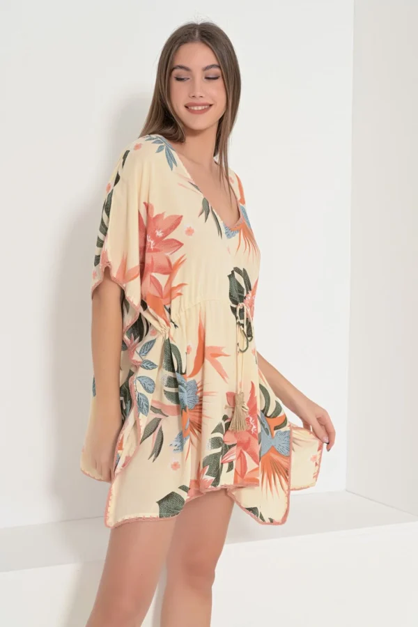 Fullah Sugah Καφτάνι Floral με Κορδόνι στη Μέση Πορτοκαλί - Image 2