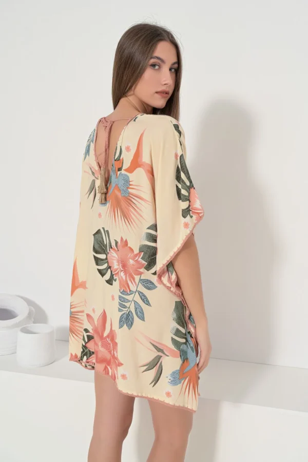 Fullah Sugah Καφτάνι Floral με Κορδόνι στη Μέση Πορτοκαλί - Image 4
