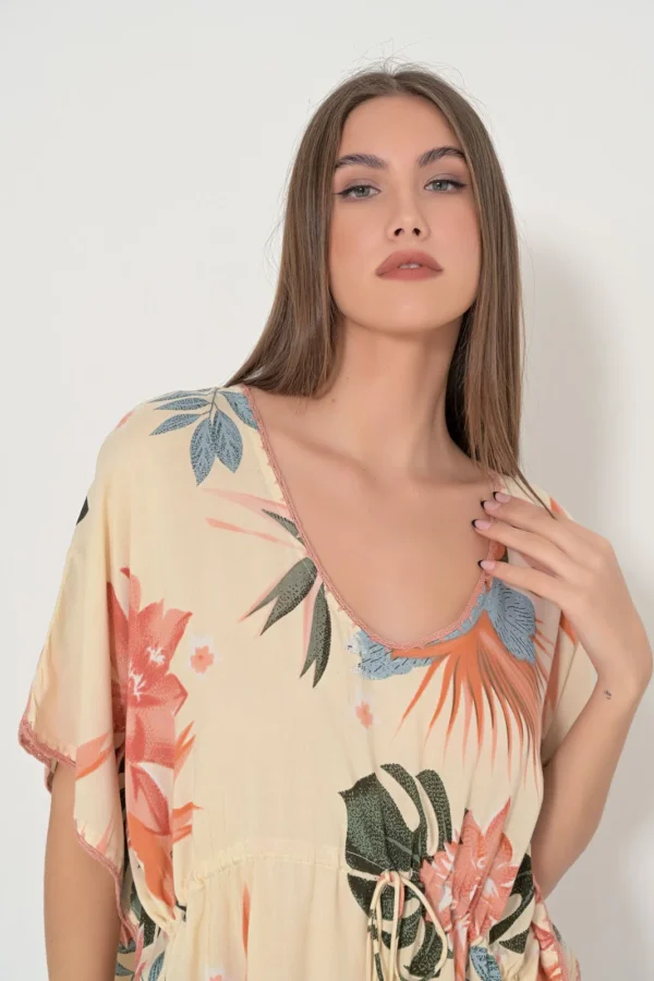 Fullah Sugah Καφτάνι Floral με Κορδόνι στη Μέση Πορτοκαλί - Image 5