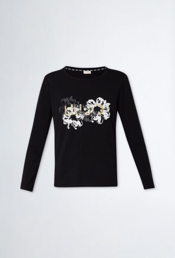Liu Jo T-Shirt Μαύρο Μακρυμάνικο με Floral Στάμπα - Image 5