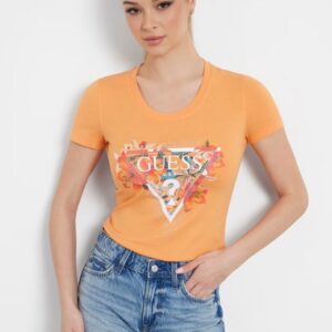 Guess Γυναικείο Ελαστικό T-shirt Πορτοκαλί με Φλοράλ Λογότυπο