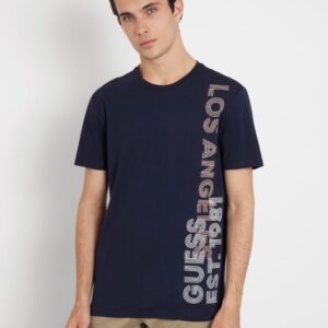 Guess Ανδρικό Ελαστικό Τ-shirt Μπλέ Σκούρο με Λογότυπο στο Πλάι