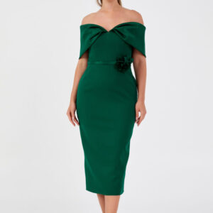 Πράσινο Κυπαρισί Crepe Midi Φόρεμα με χαμηλούς ώμους