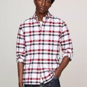 Tommy Hilfiger Ανδρικό Πουκάμισο Βαμβακερό Καρό με Κανονική Γραμμή Μπορντo