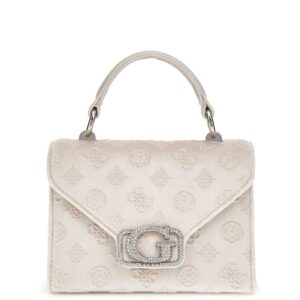 Guess Τσαντάκι Χειρός Zalina Mini Ιβουάρ με Τυπωμένο Λογότυπο