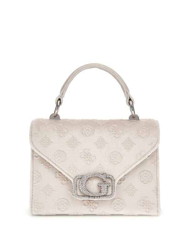 Guess Τσαντάκι Χειρός Zalina Mini Ιβουάρ με Τυπωμένο Λογότυπο