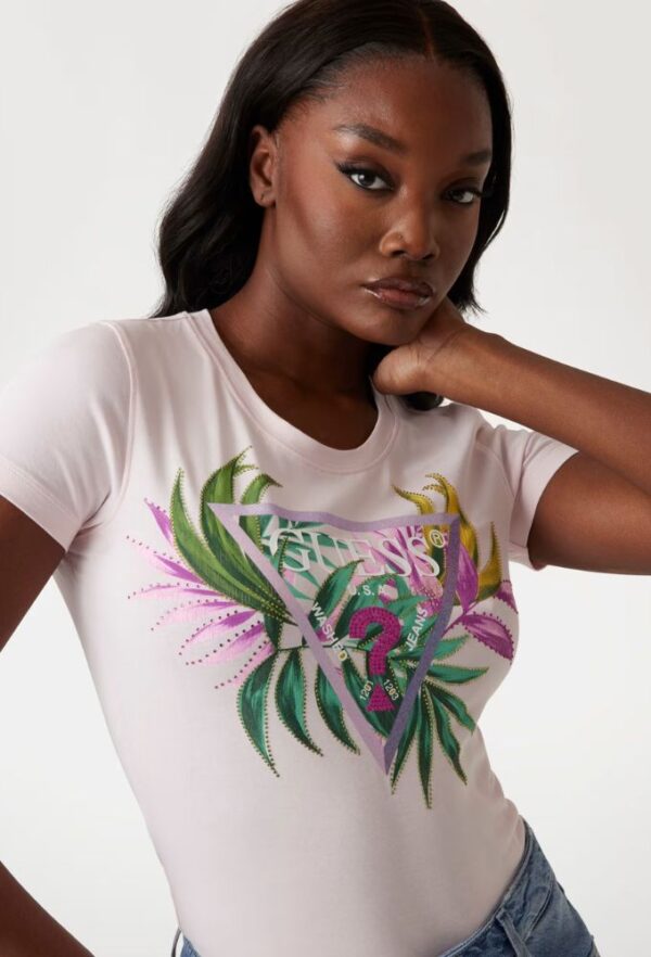 Guess T-shirt Slim με Tριγωνικό Λογότυπο Ροζ - Image 4