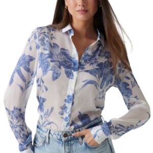 Guess Clouis Μακρυμάνικο Γυναικείο Πουκάμισο Floral Λευκό-Γαλάζιο