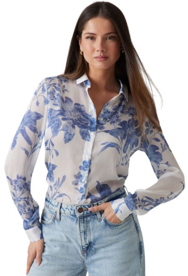 Guess Clouis Μακρυμάνικο Γυναικείο Πουκάμισο Floral Λευκό-Γαλάζιο